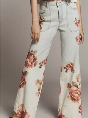 Anthropologie Cream Wide-Leg Jeans with Rose Print